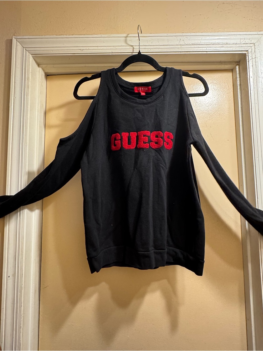 GUESS Black Cold-Shoulder Sweatshirt with Red Logo